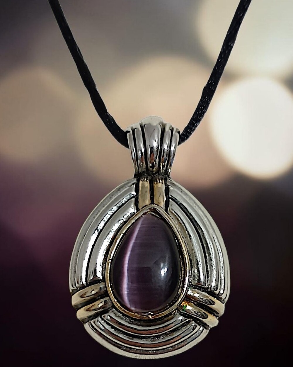 Y2K Purple Moonglow Cabochon Pendant Necklace Silver Tone Black Satin Cord Vtg